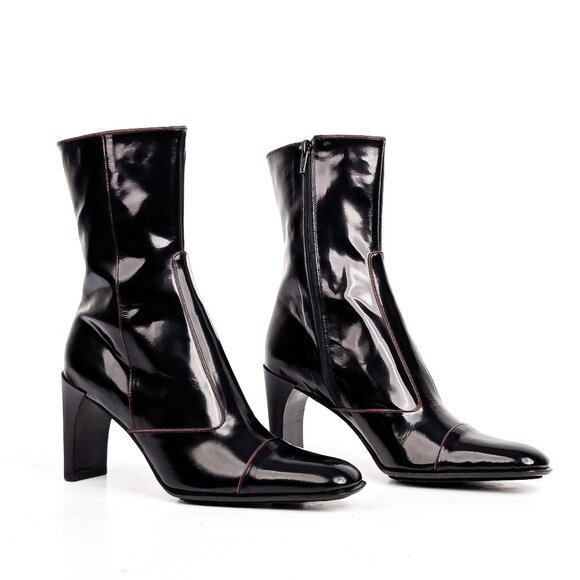 Anne Klein Italy Women Black Leather Zip Dress Office Square Toe Ankle Boots sz - Picture 1 of 7